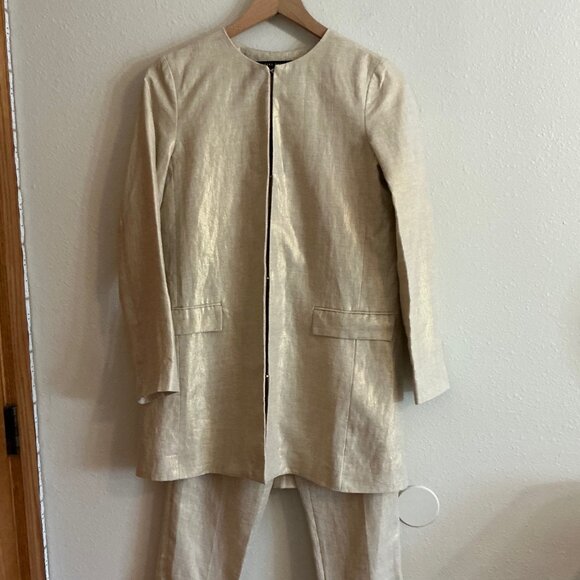 Zara Basic Linen XS Gold Metallic Frock Coat Jacket Straight Leg Ankle Pant Set - Picture 1 of 16